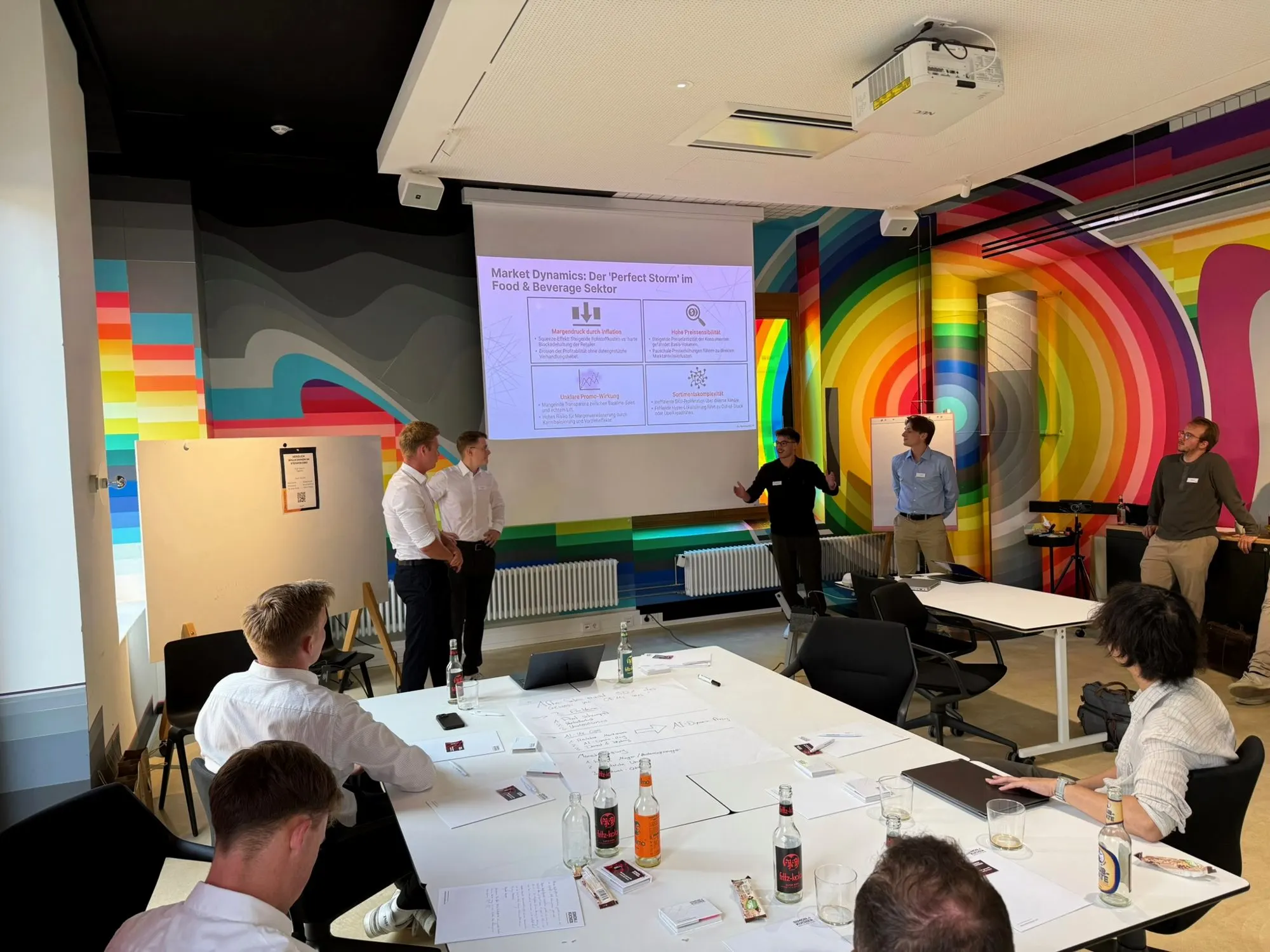 Teams präsentieren ihre Case-Lösung vor der Gruppe in einem Workshop-Raum